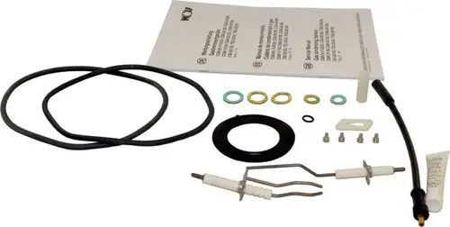 Wartungsset von Wolf mit verschiedenen O-Ringen, Dichtungen, Montageschrauben und einer Anleitung, das für Reparaturen und Wartung von Heizgeräten verwendet wird.